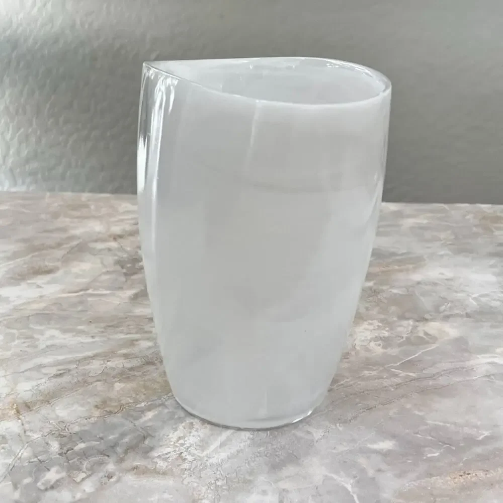 White Opulent Swirls Glass Art Oval Round Vase 7.25